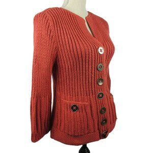 Pure Handknit Sweater Coral Pink 100% Cotton Cardigan S/M Lagenlook Artsy